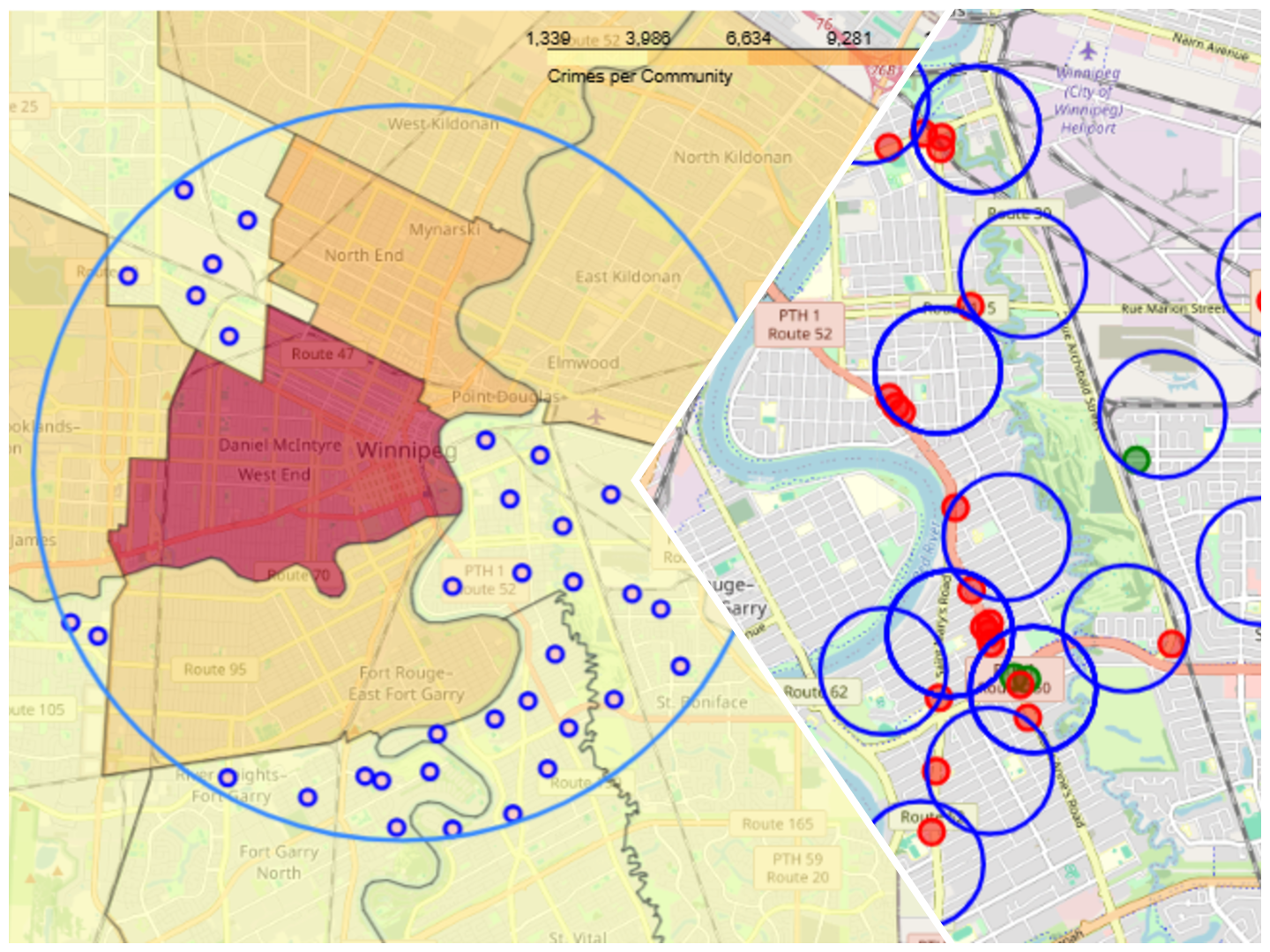 Data Science project for launching a business with location analysis based on open data of the city of winnipeg using crime data for safety levels, venue data to find competitors and suppliers, K means clustering to segment shortlisted locations by their location characteristics